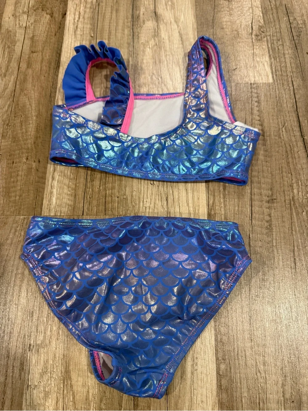 Girls Shimmery Blue Mermaid-Scale Bikini Set with Pink Trim